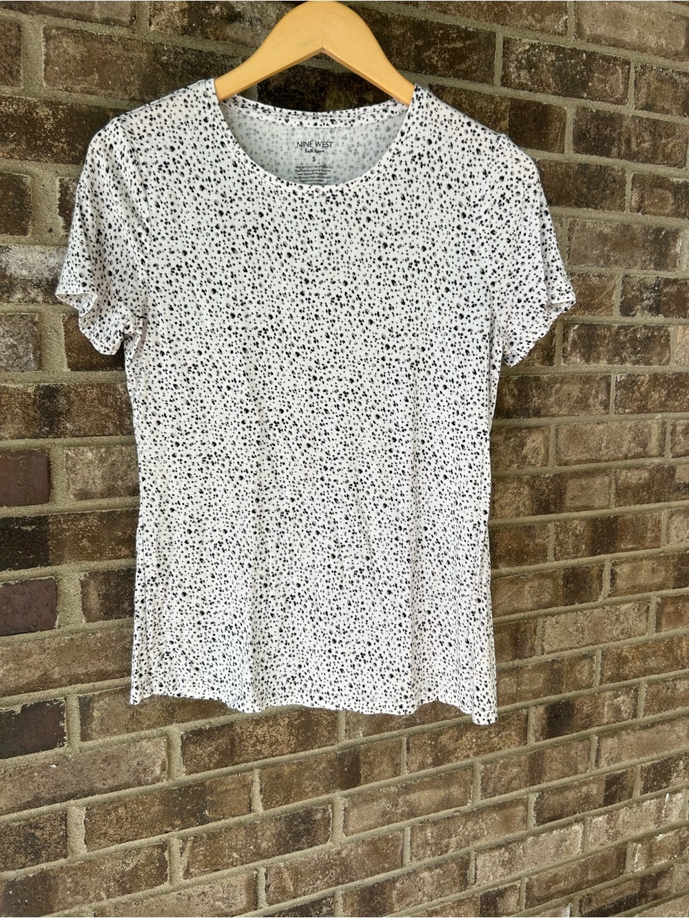 Nine West Soft Speckle Print Tee | Black White Minimalist Stretch Top | Small